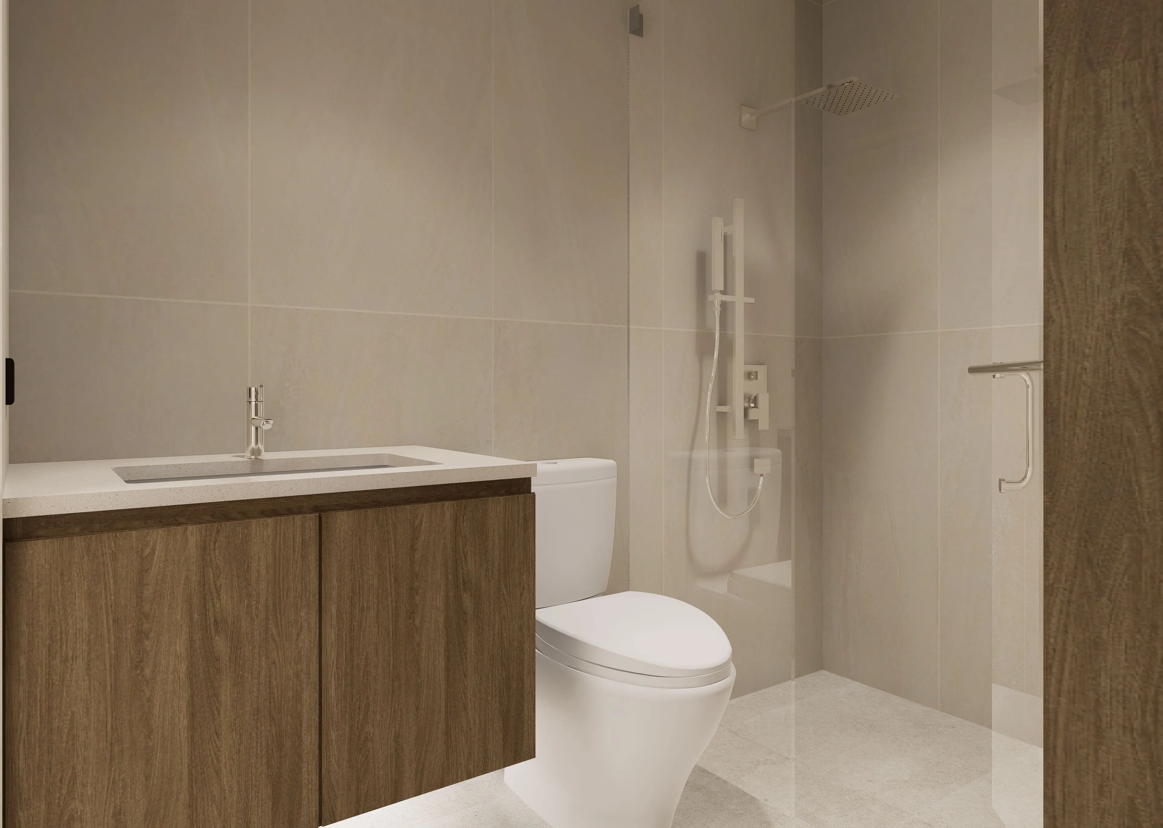 the wave towers studio bathroom area
